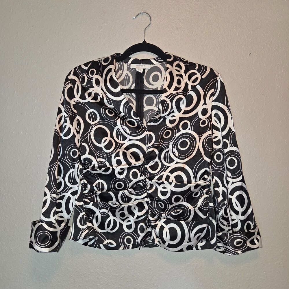 Dressbarn Satin Geometric Circle Print Top Small - Black White Ruched Blouse